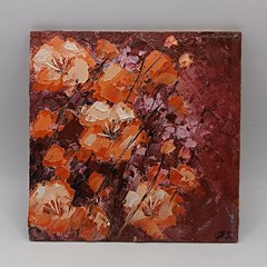 Textured Orange Flowers Painting Original Impasto Burgundy Botanical Art Framed