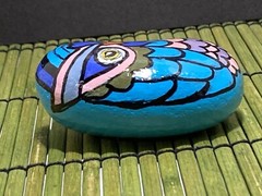 Horned Owl Hand Painted River Rock Blue Pink Purple One of a Kind