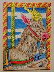 ACEO Original Goat Carousel animal Kim Loberg farm Fair Ride mini tiny Neon Art