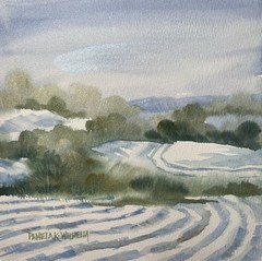 Pamela Wilhelm original 7×7” Watercolor Winter Valley Farm Field Furrows Serene