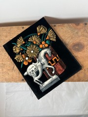 VTG Mid Century Modern Horse Still Life Floral Oil Painting Frayed Velvet 10″x8″