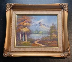 Vintage Oil Painting Landscape Mountain Forest Lake Gold Frame Signed 14 X 12″
