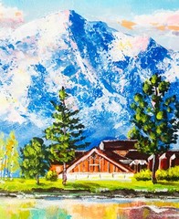 Original Painting Lake Tahoe California Pine Tree Mountain Landscape 7 x 8″