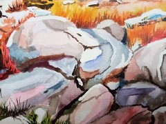 Original watercolor 7,5×11 inc. River autumn bright landscape rocky shore