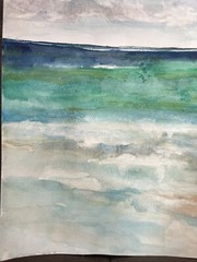 Original Watercolor Abstract Ocean/Beach-11×14 Unframed & Unique blue,tan,green