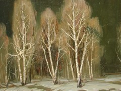 Ukrainian Soviet USSR oil painting impressionism nightscape snow birch trees