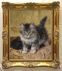 Hand Painted Oil Painting Classic Fluffy Dark Tabby Kitten With cat on Canvas