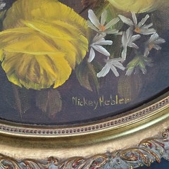 Yellow Rose Flower Original Painting Signed Round Gold Frame OOAK Wall Art
