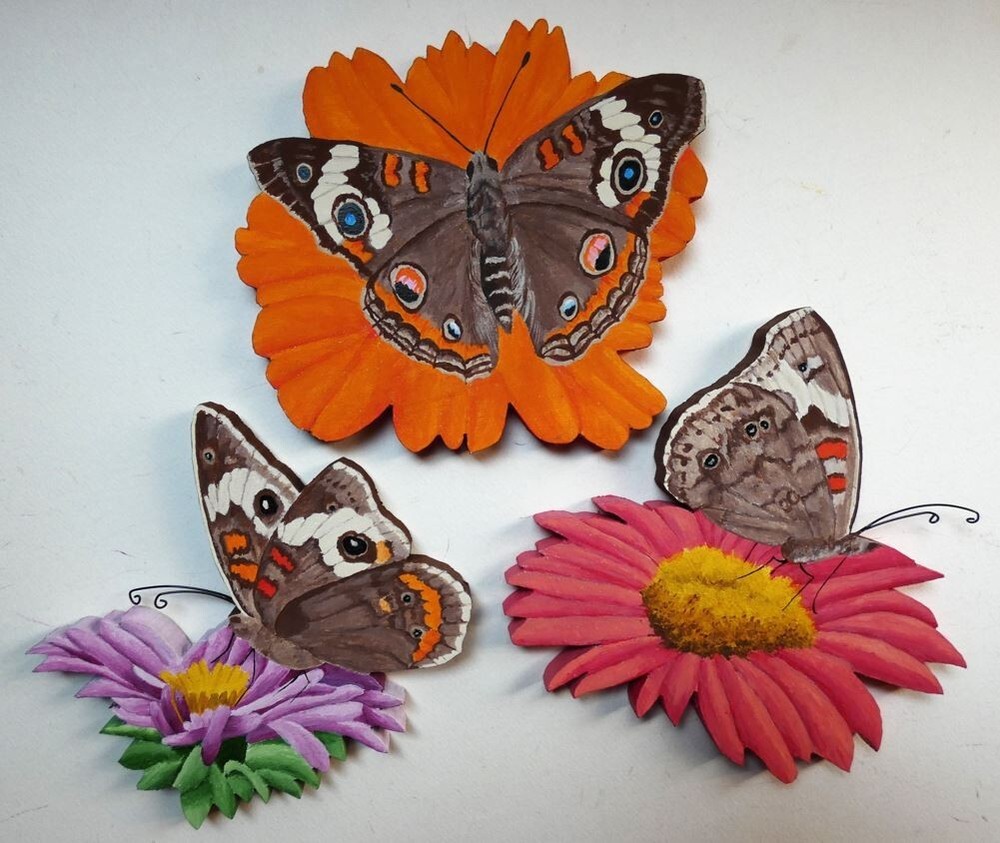 Hand Painted Buckeye Butterfly On Flowers Wood Cut-Outs For Wall Art By Phyllis