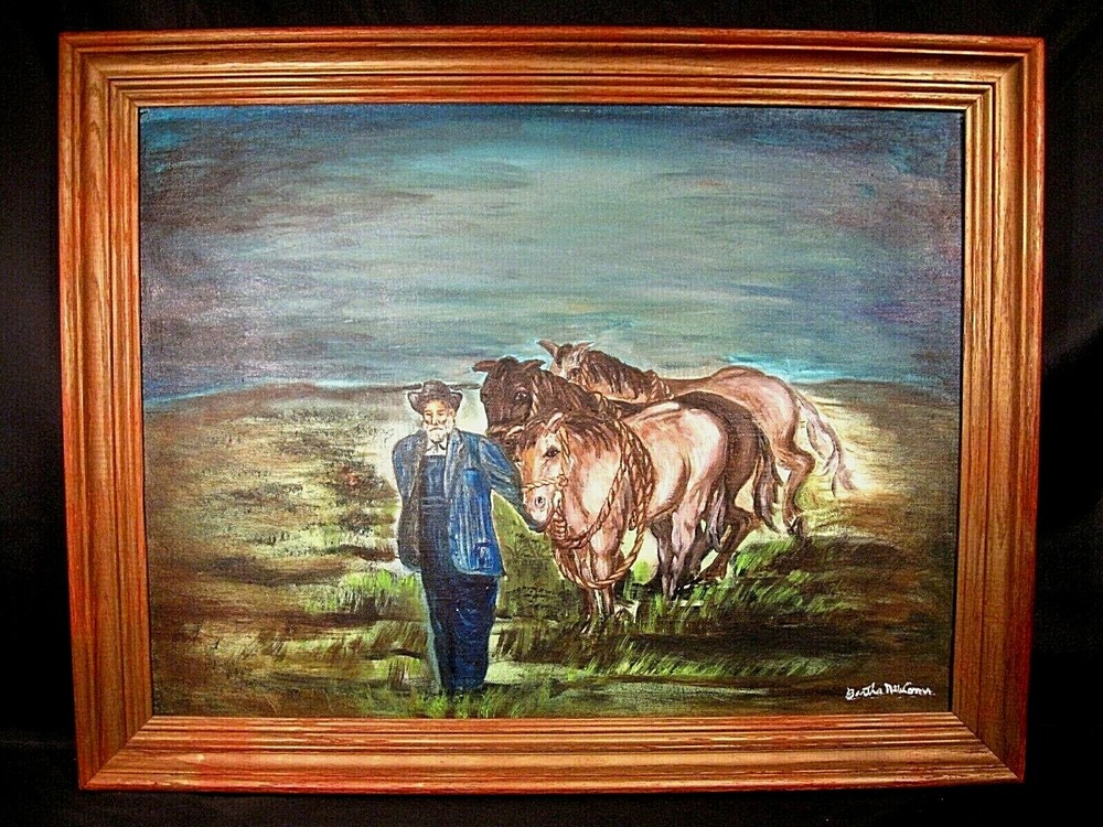 A Man and His Favorite Horses Primitive Oil Painting Signed on Canvas Panel