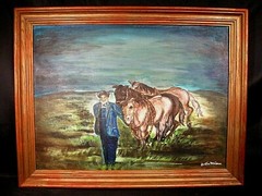 A Man and His Favorite Horses Primitive Oil Painting Signed on Canvas Panel