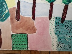 French 1940s Watercolor Gouache Painting Landscape Trees Farm 1947 12 x 19