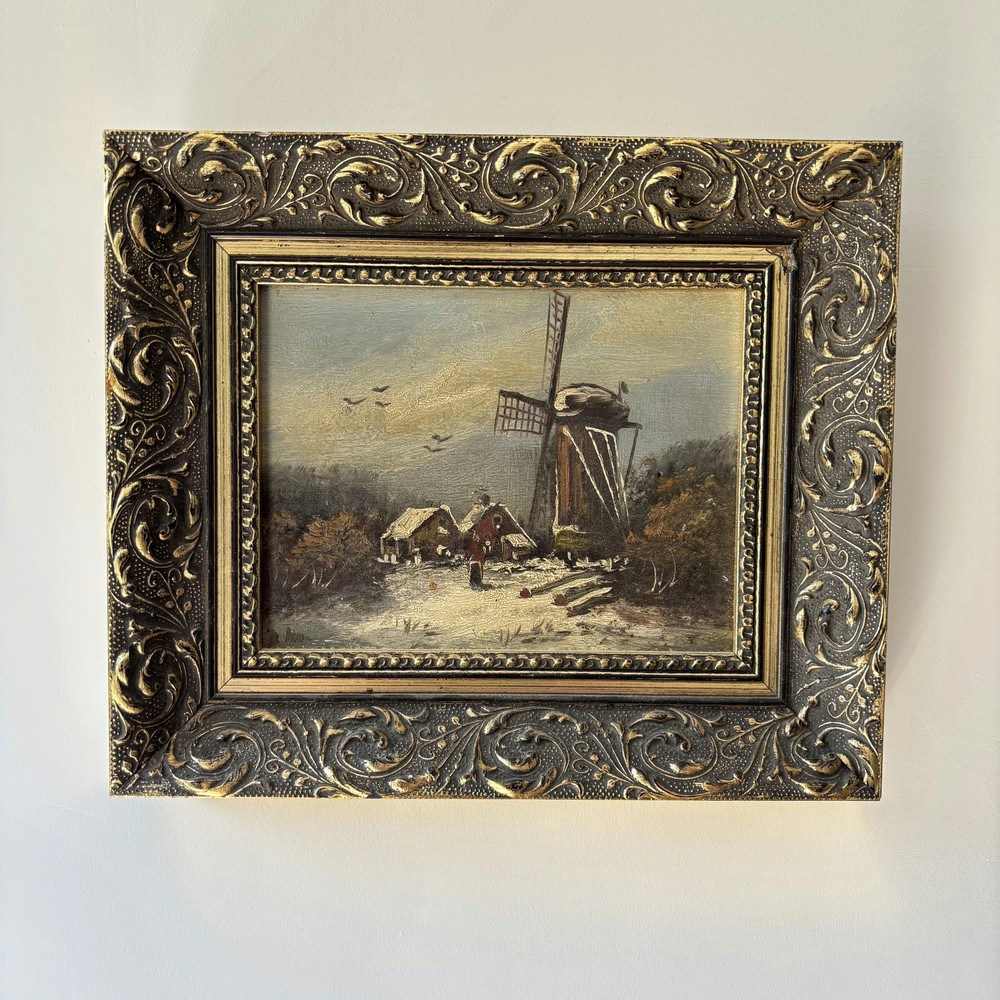 Refined Winter Landscape Oil Painting „Windmill Tower“ Authentic Small Artwork