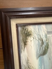 Peaceful Framed Seascape Lighthouse Beach Seagull & Dunes Painting 12.5″ X 14.5”