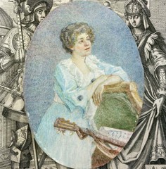 Antique c.1910 English Portrait Miniature, Woman, Guitar, 3/4 Pose, 24k Gold Plt