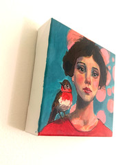 Original Acrylic Woman Portrait Painting 6×6 Bird Contemporary Signed AdriO