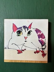 Original Painting On Wood by Katalina Savola. An Intrigued Cat. 4×4 Inches