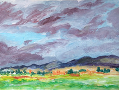 Modern Small Painting Field Mountains Sky Original Acrylic Signed Art BACH