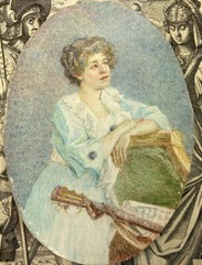 Antique c.1910 English Portrait Miniature, Woman, Guitar, 3/4 Pose, 24k Gold Plt