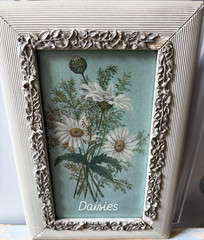 Antique Victorian Oil Painting in Original Wood Frame, Daisies in soft aqua