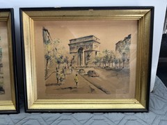 Two Vintage G. Lelong Paris Lithograph Print Set Notre Dame Arc de Triomphe