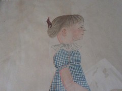 VINTAGE WATERCOLOR PAINTING GIRL STANDING WITH PARASOL 14″ Primitive colonial