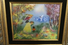 Enamel on Copper Art Painting Mother Daughter by the Lake Signed 8″x10″ Framed