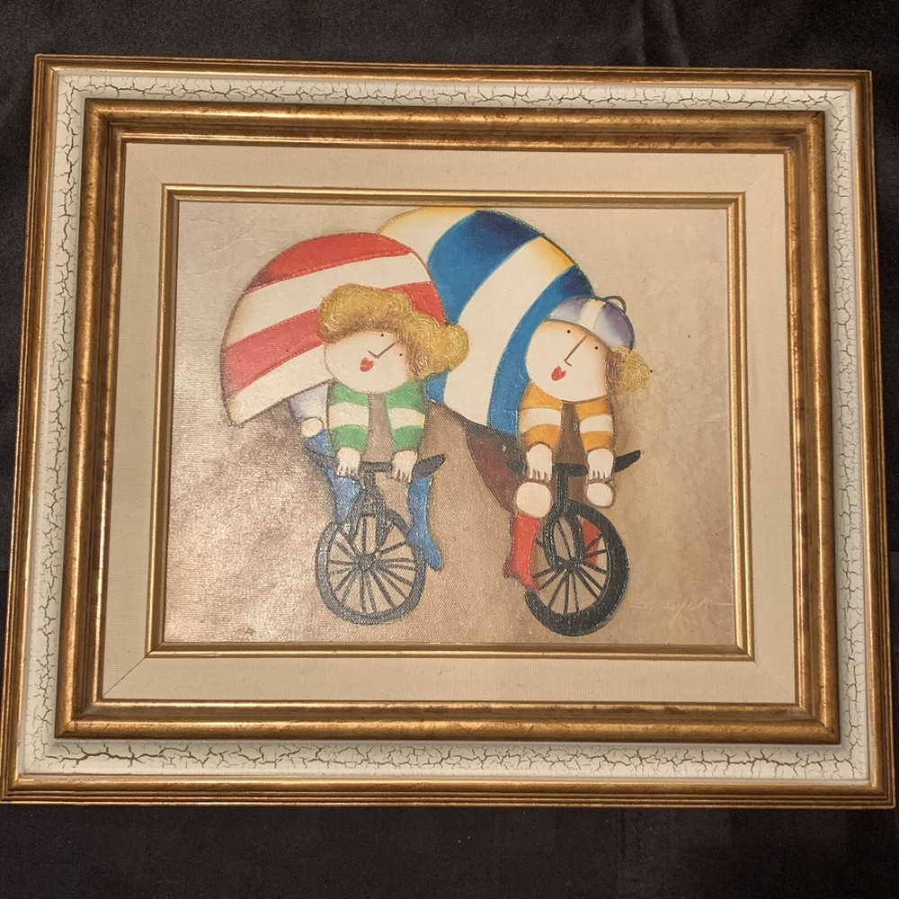 Joyce Roybal Signed Framed Oil Painting Canvas Bicycling Children Unicycle 8×10