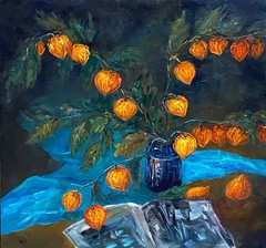 art 459 original painting 40×40 сm Oil on cardboard ND still life Winter cherry
