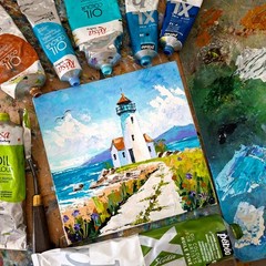 Lighthouse Impasto Original Oil Painting: 3D Textured Art Unframed 6×6″