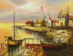 Hand-Painted Oil Painting Coastal Fishing Village Harbor Canvas Wall Art MQ1775