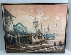 VTG Oil Painting Harbor Scene w/ Fishing Boats Framed Dockside Coast MCM Signed