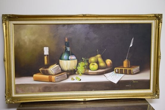 STILL LIFE PAINTING W/ Fruit, Wine, Candle, Books OIL on CANVAS, Signed 54×30!
