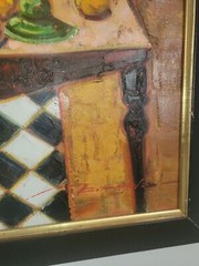 Large Oil Painting – Musical Instruments & Fruit Still Life on Checkered Table
