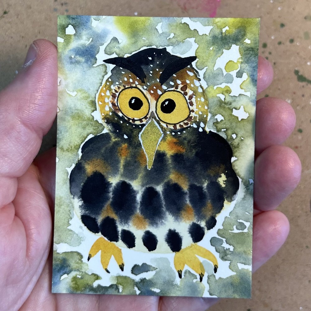Edmund the Lantern Lighter ACEO Original Painting Owl Art Card 2.5×3.5 OOAK