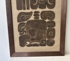 Vintage Mayan Glyph Art on Fabric Framed Art Piece 1977 12″ x 25″