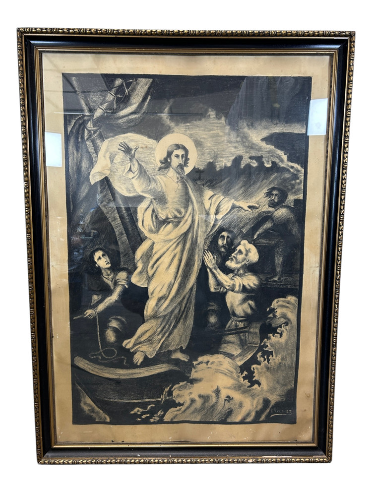 Large Antique Religious Lithograph Print Jesus Calming Storm H Cuwet 58” H