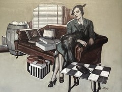 Antique Art Deco Painting Portrait Pretty Woman Large Oil Illustration 1930’s