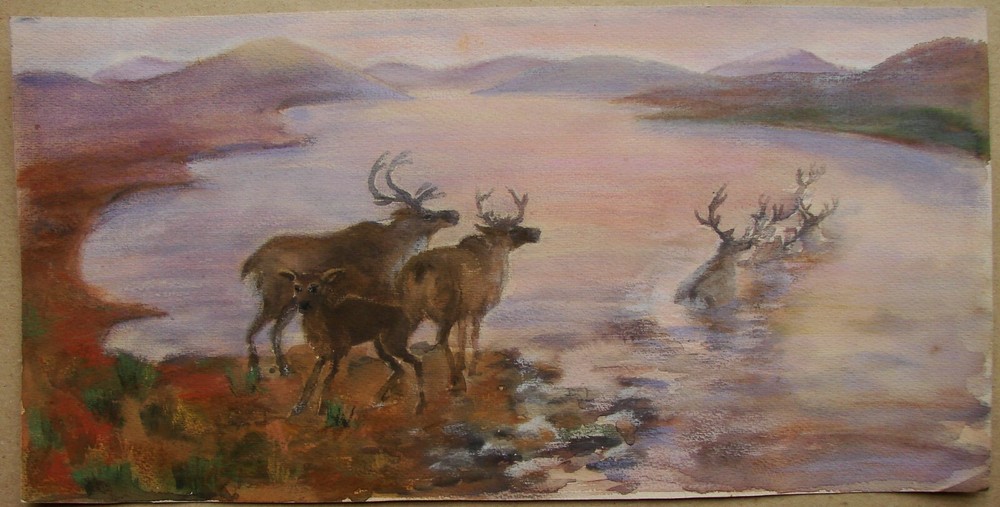 Ukrainian Soviet USSR watercolor painting landscape river reindeer animals