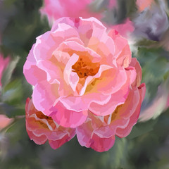 ACEO Pink Rose Floral Painting, Impressionism Style Nature Theme Digital Artwork