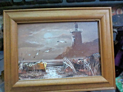 Vintage Oil Painting on board Lighthouse Row Boat Seagulls 5 x 7 inch framed