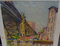 ANTIQUE FINE SIGNED 1920S 30S MODERNIST CITYSCAPE WATERCOLOR PAINTING LANDSCAPE