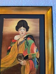 Vintage 1940s woman portrait original oil painting lady colorful framed art
