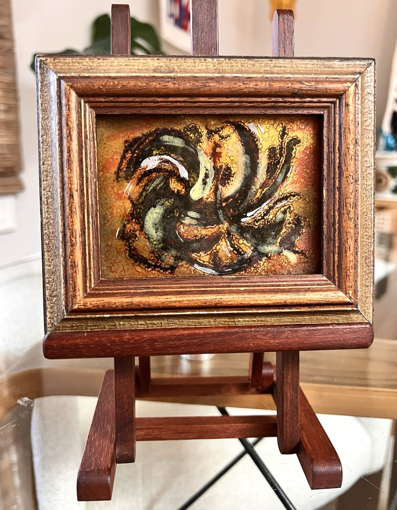 Mid Century Enamel on Copper Abstract Art w Folding Wood Easel Display Stand