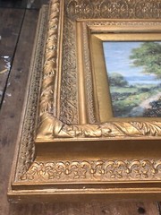 VTG Signed Summer Landscape Trees Lake Mtns Canvas Frame 20.5”T 18 3/8”W 3.75”D