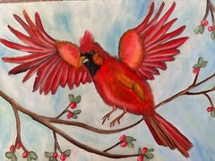 Original oil painting signed 11 x 14 in red bird cardinal