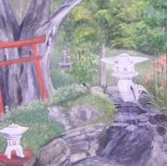 MCM MID CENTURY TEA GARDEN 20 CENTURY OIL ON BOARD PAINTING ARTIST SARA NAYER