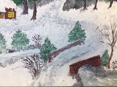 American mid 20thc Vintage Oil Painting Naïve Folk Art Winter Landscape 20×16