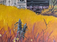 cottage landscape acrylic painting trees flowers old barn blue sky