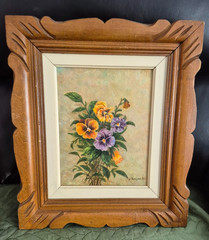 Vintage Framed Oil Painting Bouquet Pansies Signed Carved Wood Flowers 1985